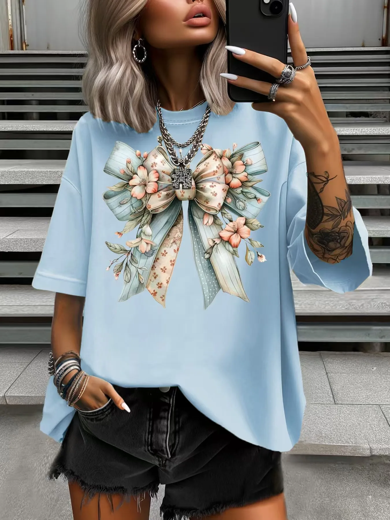 

Летняя женская футболка больших размеров, оригинальный дизайн, модные женские повседневные мягкие топы с цветочным принтом и бантом, круглый вырез, топы с короткими рукавами