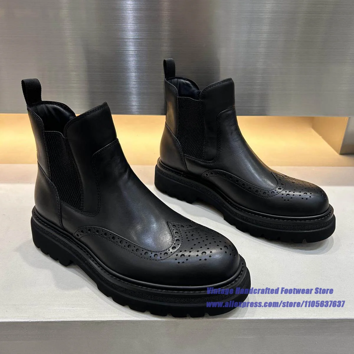 Men's Black Leather Chelsea Boots Brogue Detailing Platform Slip-On Ankle Booties Luxury Designer Handcrafted Men's Boots