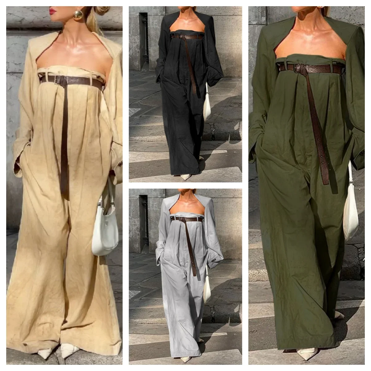 Jennifer 2-delige jumpsuit voor dames met knopen, lange mouwen, kraagloze bovenkleding, top + jumpsuits met wijde pijpen en riem