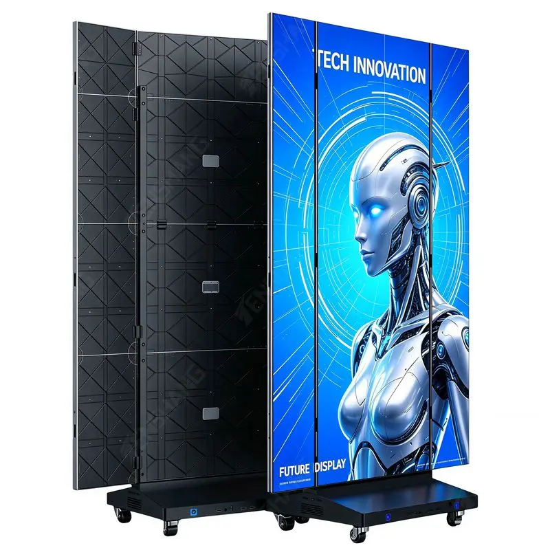 Triple Foldable LED Electronic Poster Screen 1280x1920mm Double Sided GOB Technology Led Display Module Seamless Splicing Wheels