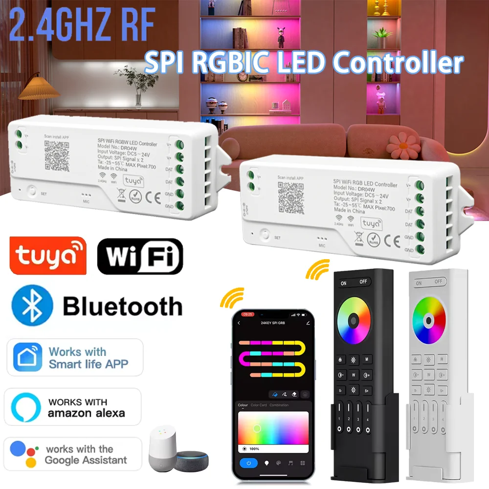 

Адресный светодиодный контроллер Tuya Wi-Fi DC5V-24V WS2811 WS2812B WS2814 SPI RGBWIC RGBIC, диммер для светодиодных лент, работа с Google Home Alexa