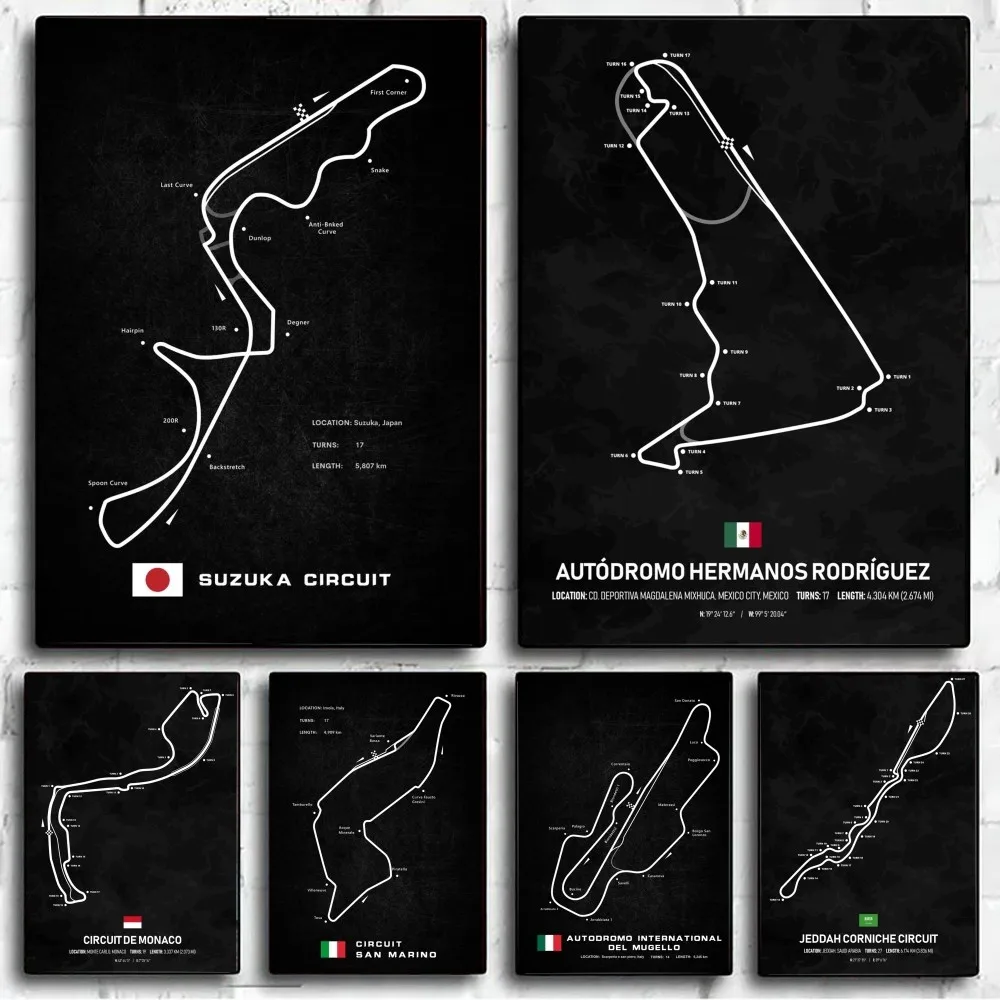 F1 racing track Poster No Framed Poster Kraft Club Bar Paper Vintage Poster Wall Art Painting Bedroom Study Stickers