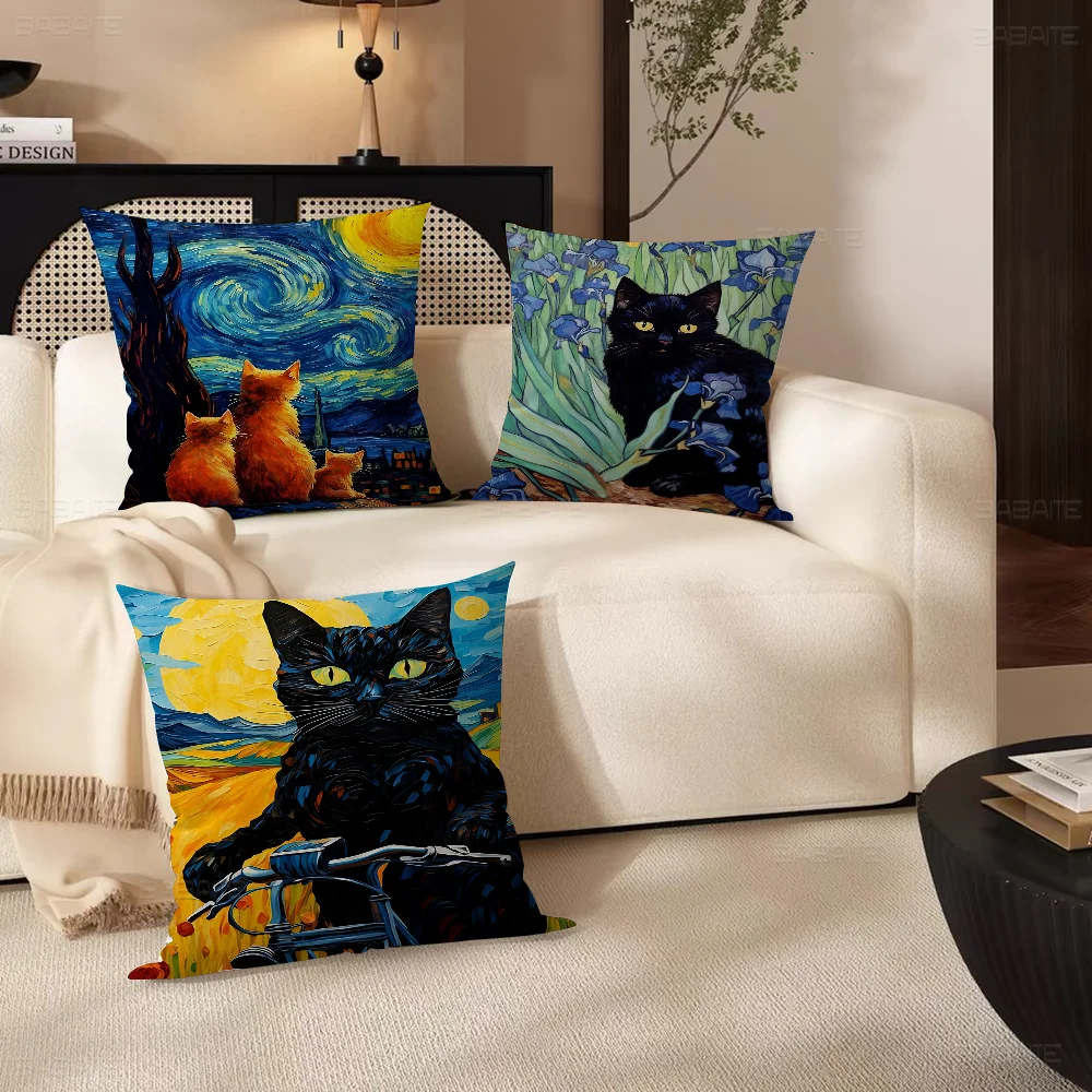 Van Gogh The Starry Night Romantic Black Cat Personalized Picture Text Home Decorative Pillows Household Gifts 45x45cm