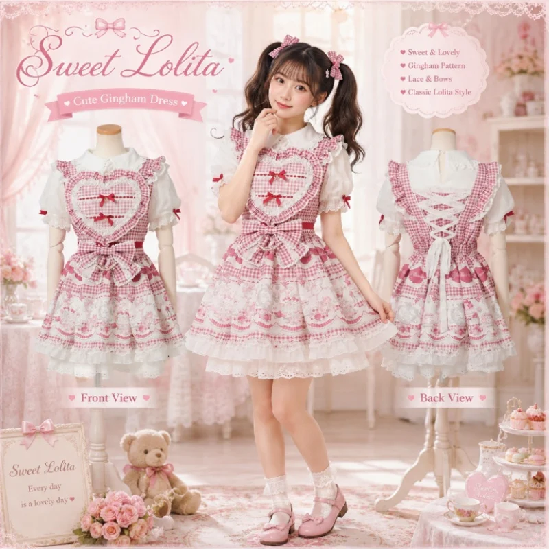 Conjunto de Lolita Dulce Estilo Japonés para Fiesta de Té a Cuadros, Top de Manga Corta Estampado Liz Producido en Masa, Falda y Conjunto de Cintura Bonita para Uso Diario