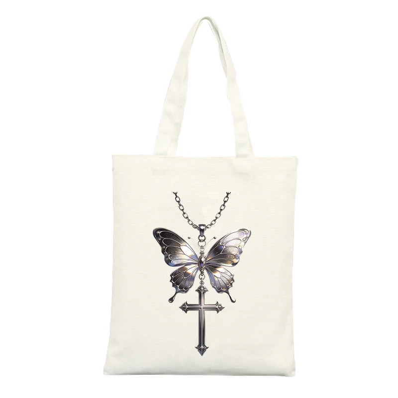 Canvas Tote Bag with Butterfly and Cross Pendant Design, Ideal for Casual Daily Use and Urban Outings