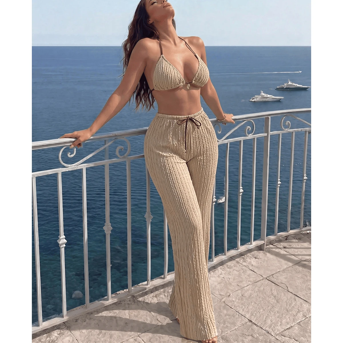 3PC Triangle Bikini Paired with Trousers Solid Color High Waist Female Biquini Women Swimsuit Swimwear Bathing Suit Swim Wear