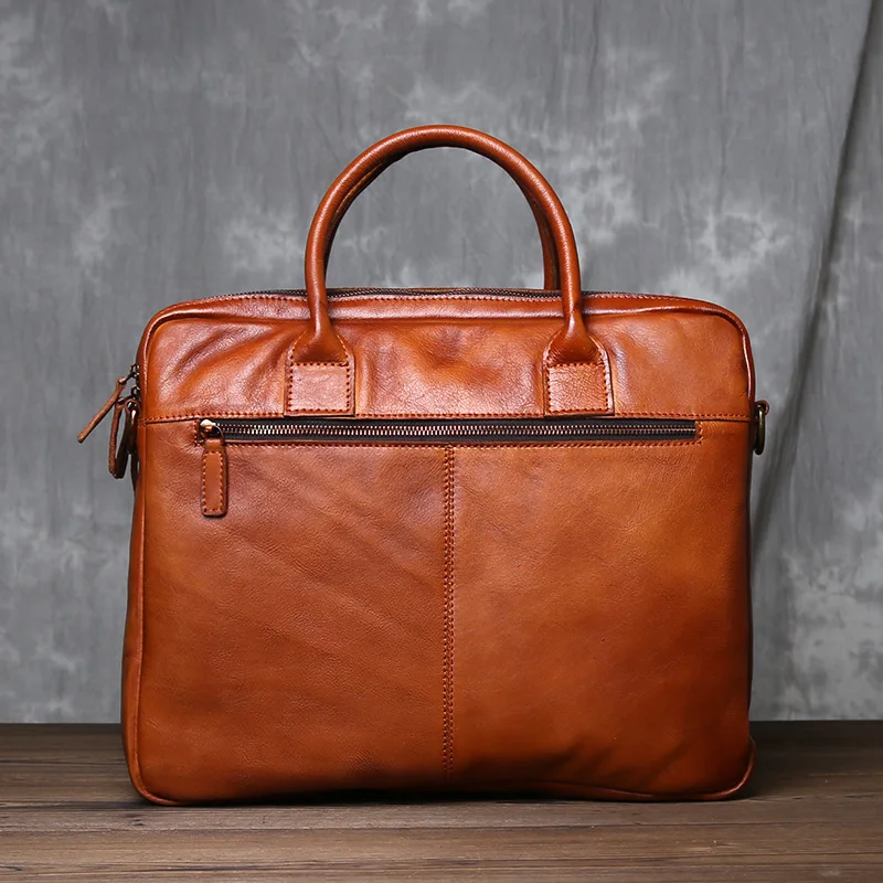 Pure Hand Rubbed Color Vegetable Tanned Head Layer Cowhide Men\'s Double Handbag Horizontal Genuine Leather Crossbody Briefcase