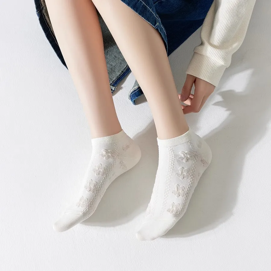5 Pairs Ladies' Socks Set Solid Color Texture Mesh Design Breathable Low Socks Fashion Versatile For Girl Wholesale Summer