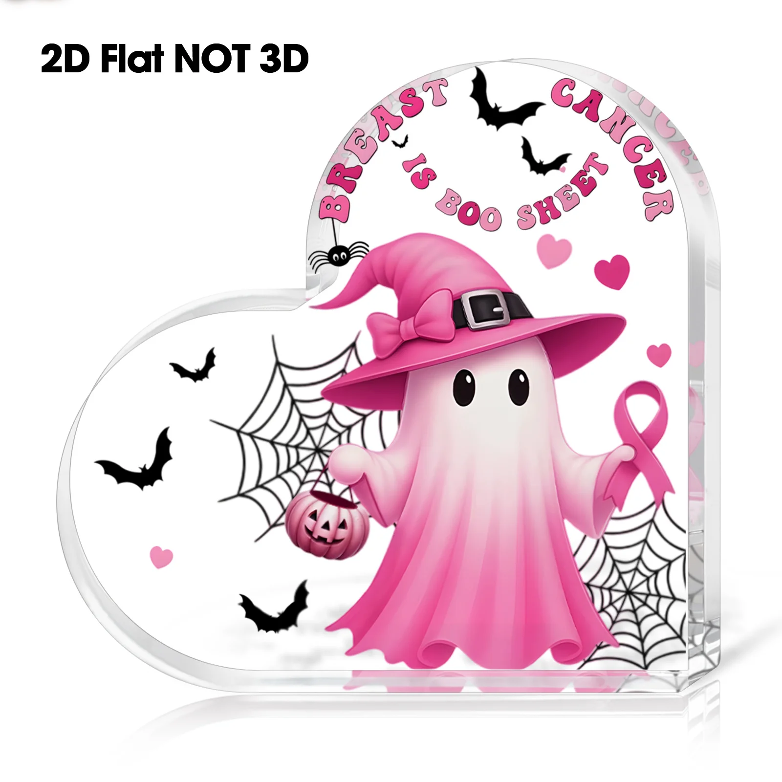 Heart Shape Acrylic Sign, Breast Cancer Is Boo Sheet Desktop Ornament, Pink Ghost Witch Hat Pink Ribbon Bat Spider Web Table Decor, Breast Cancer Awareness Halloween Support Gift, 2D Flat