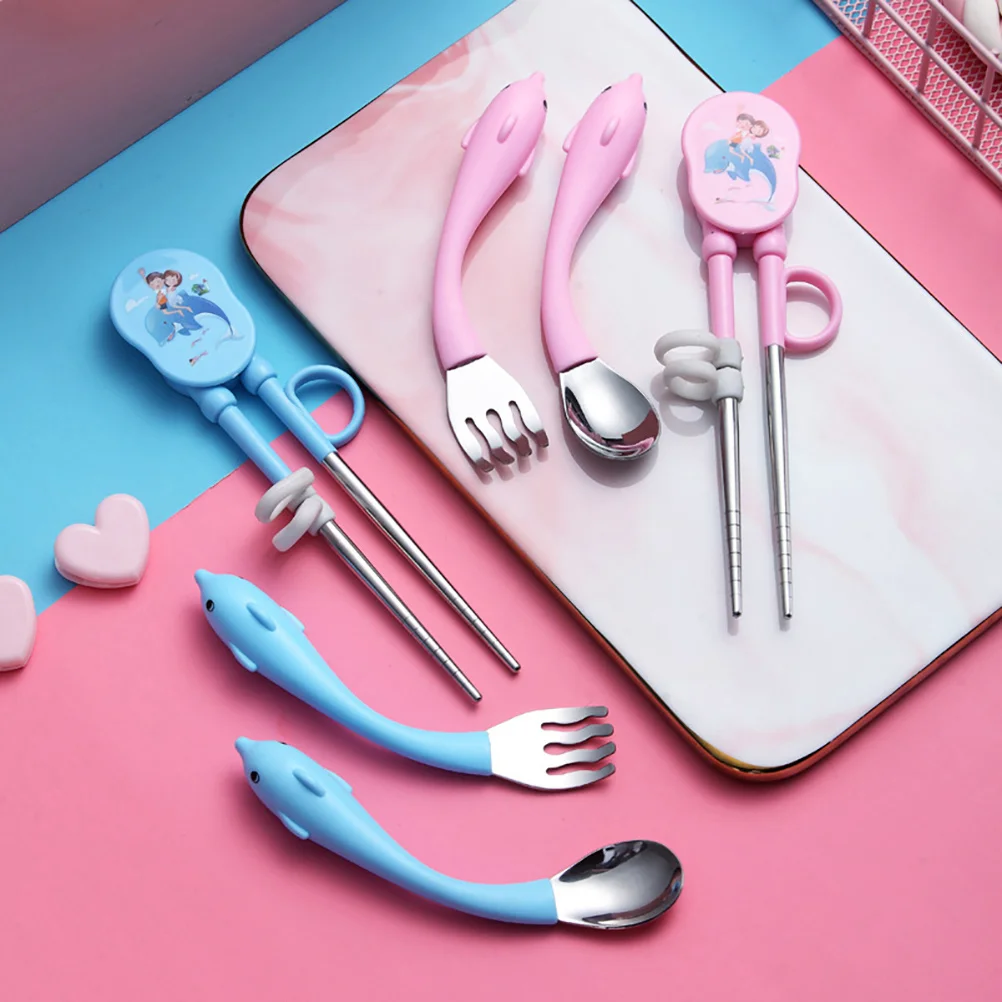 

2pcs Children Cutlery Set Kids Training Tableware Baby Spoons Forks Stainless Steel Reusable Toddler Eating Tool Cartoon Dolphin