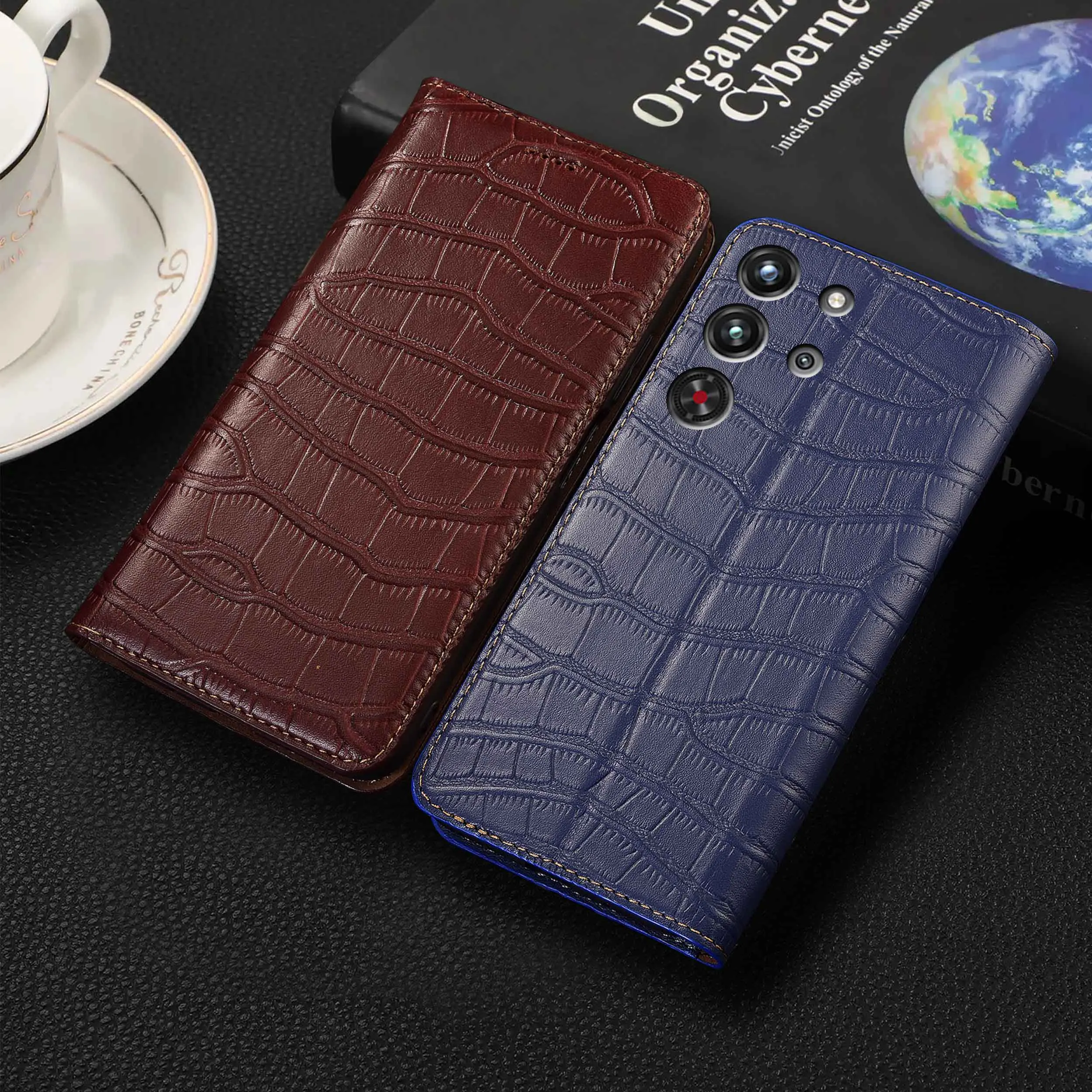 

For ZTE Redmagic 5G 6 6S 7 7S 8 8S 9 9S 10 5S Pro Plus Air Crocodile Belly Pattern Genuine Leather Flip Phone CoverCase Cowhide