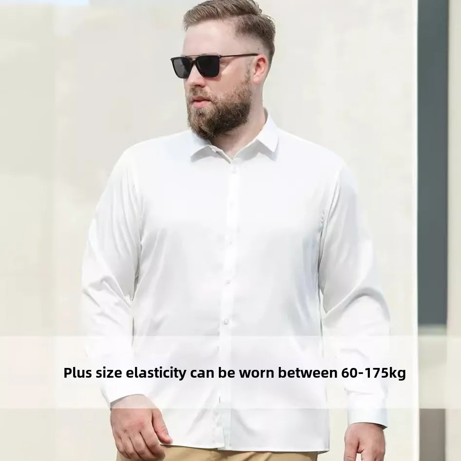 ヨーロッパのプラスサイズの男性用弾性シャツ、男性用無地長袖ルーズ四面弾性シャツ