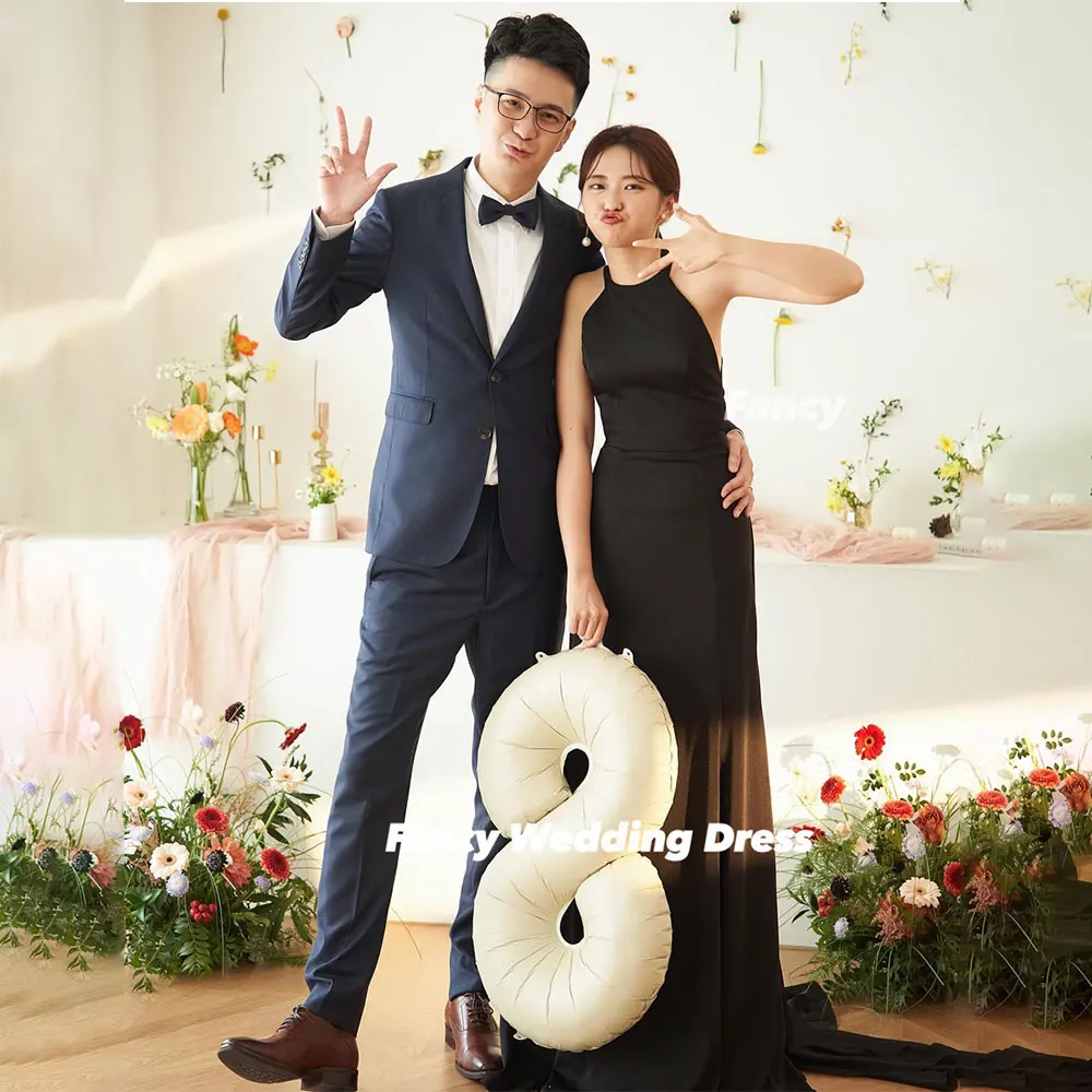 Fancy Korea Elegant O Neck Wedding Dress Photo Shoot A Line Elastic Satin Bridal Gown Back Corset Customized 웨딩드레스