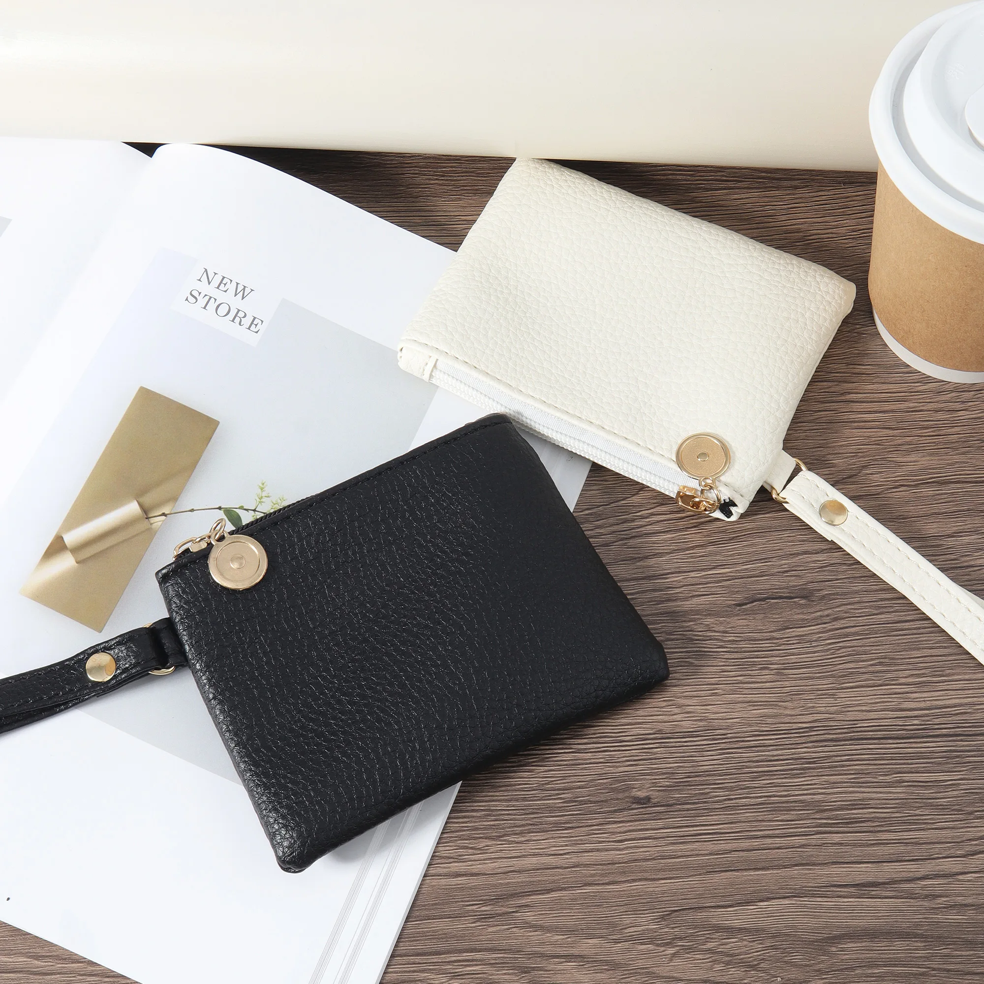 Fashionable solid color handbag, stylish large capacity wallet, women's multi-functional zipper handbag with wrist strap