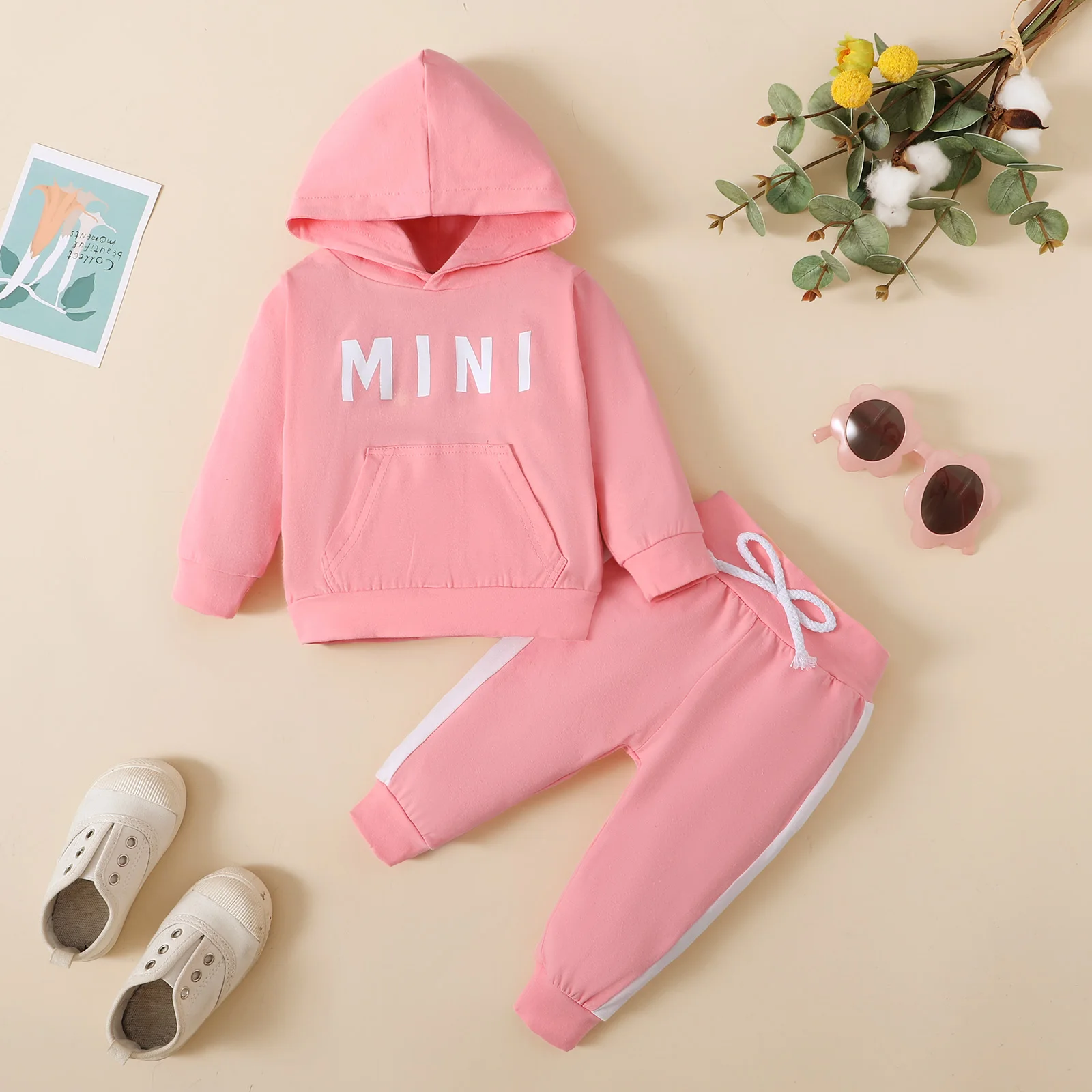 0-2 Year Old Newborn  Baby Girls Spring and Autumn Hooded Letter Printed Long Sleeve Pants Fashion Set