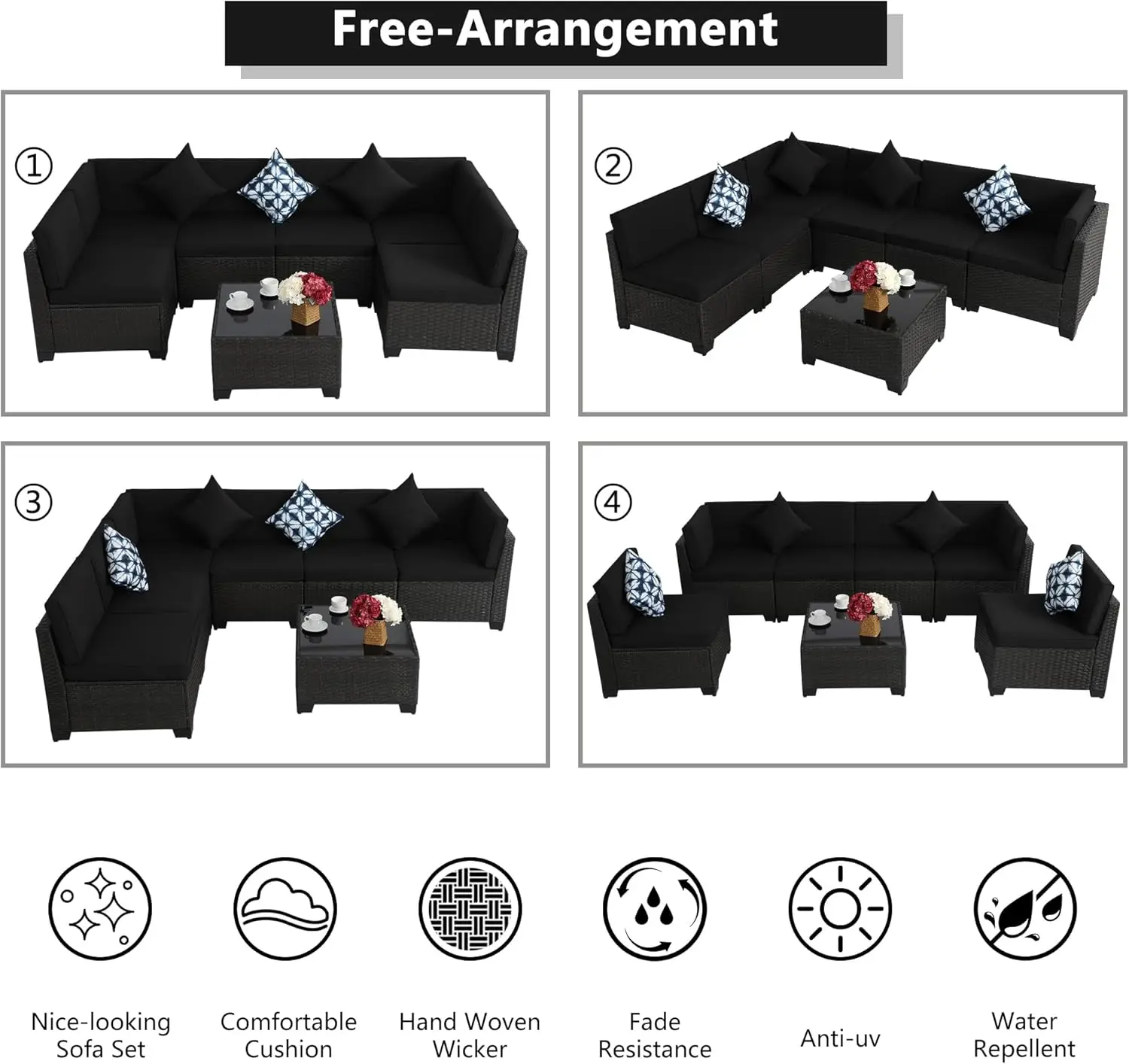 Outdoor Sectional Sofa, Wicker Patio Conversation Set, All-Weather PE Rattan Sectional Sofa with Cushions and Glass Coffee Table