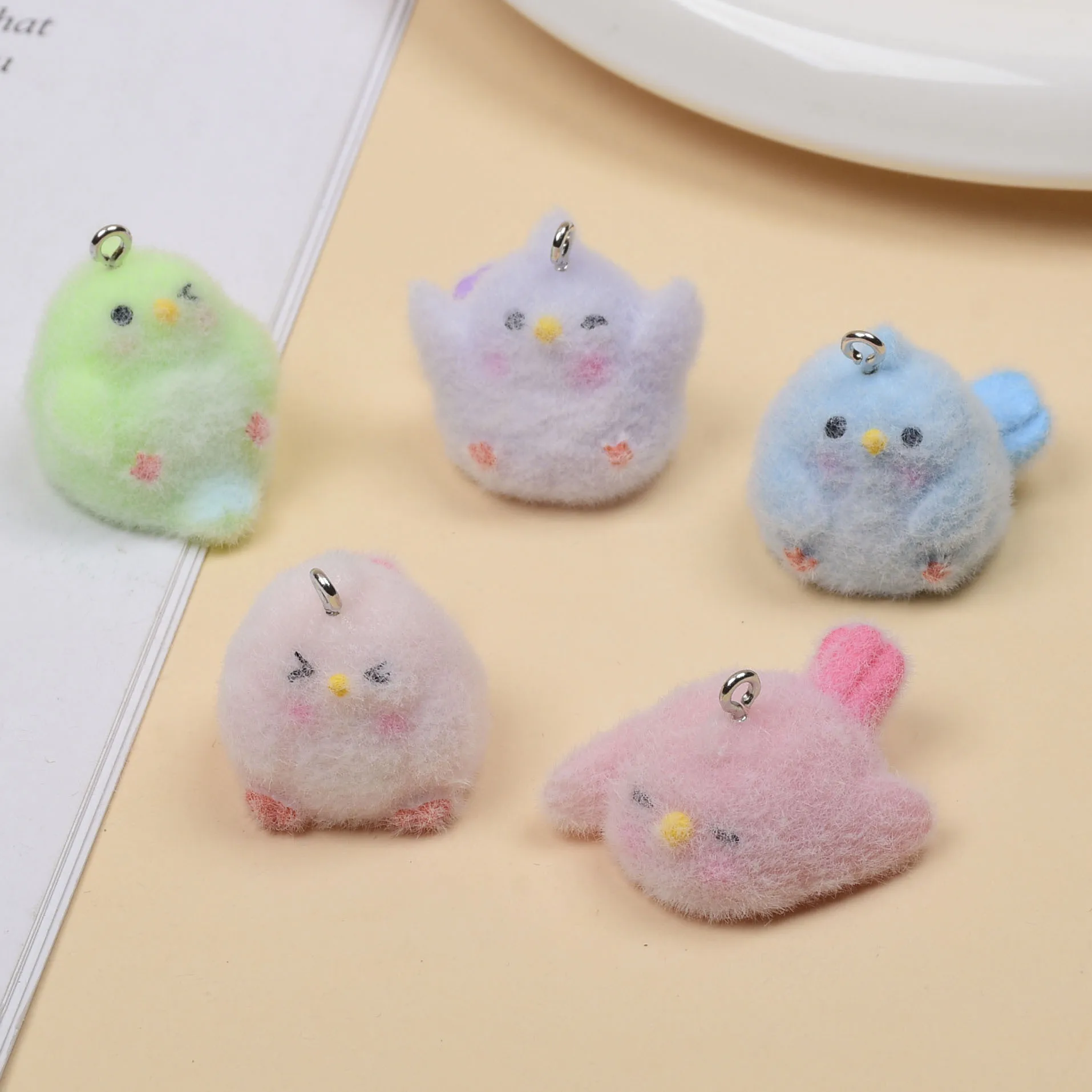 

30pcs Resin flocking Cute Parrotc Charms Cartoon Plush doll Pendant for make diy jewelry Necklace keychain Accessories wholesale