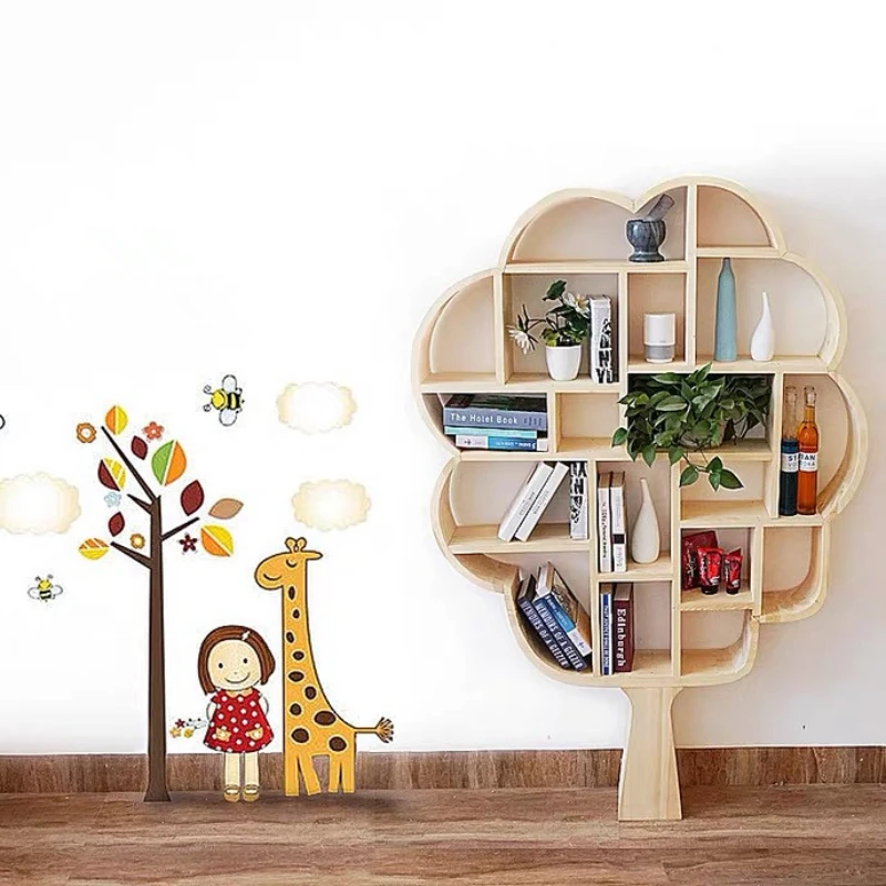 Tree-shaped bookshelves, library display cabinets, solid wood storage shelves, window soft furnishings, props, large tree-shaped