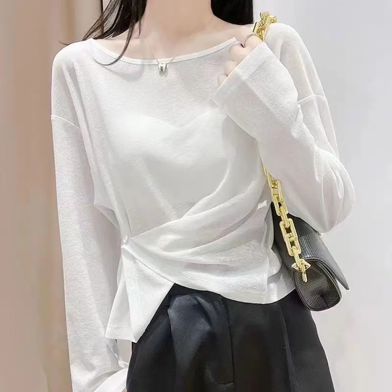 Women Ice Silk Knit Long Sleeve Top Summer Loose Asymmetric Hem Sheer White Sun Protection Casual Blouse