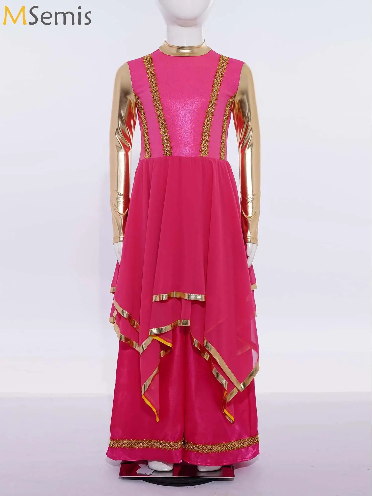 

Kids Girls One-Piece Worship Liturgical Dress Praise Dancewear Gold Metallic Wide-Leg Pants Jumpsuits Modern Contemporary Robe