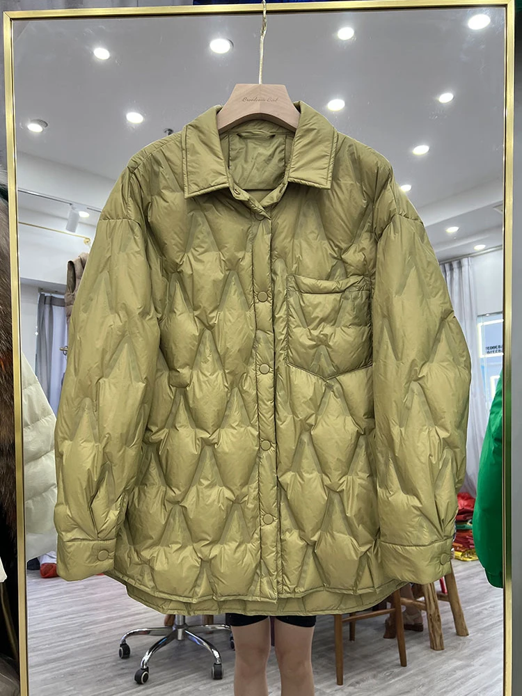 Piumino invernale leggero con risvolto allentato Parka solido monopetto femminile Capispalla da donna Piumino caldo in piuma d'anatra bianca