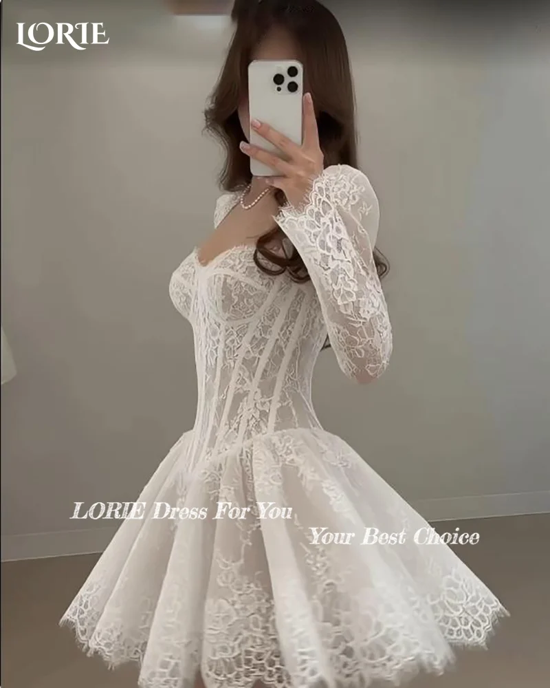 LORIE Sexy Mini Lace Wedding Dresses Sweetheart Appliques Long Sleeves Bridal Gowns Above Knee Bodycon Bride Dresses Customized