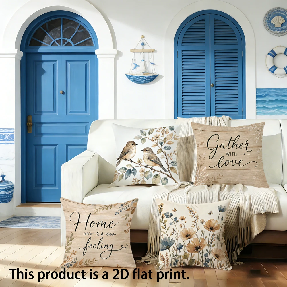 1pc  Vintage Watercolor Floral Bird Farmhouse Throw Pillow Covers Home Decor
