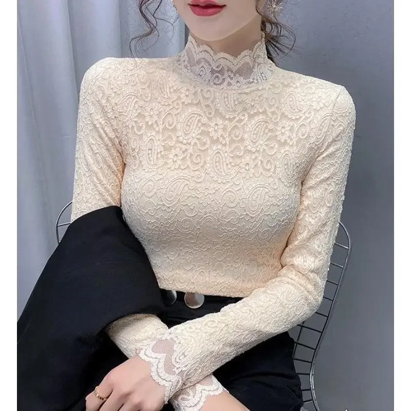 

Lace Bottoming Shirt Blouse Women's Autumn Winter New Plus Velvet Thickening /thin Semi-high Collar Inner Tshirt Top Z470