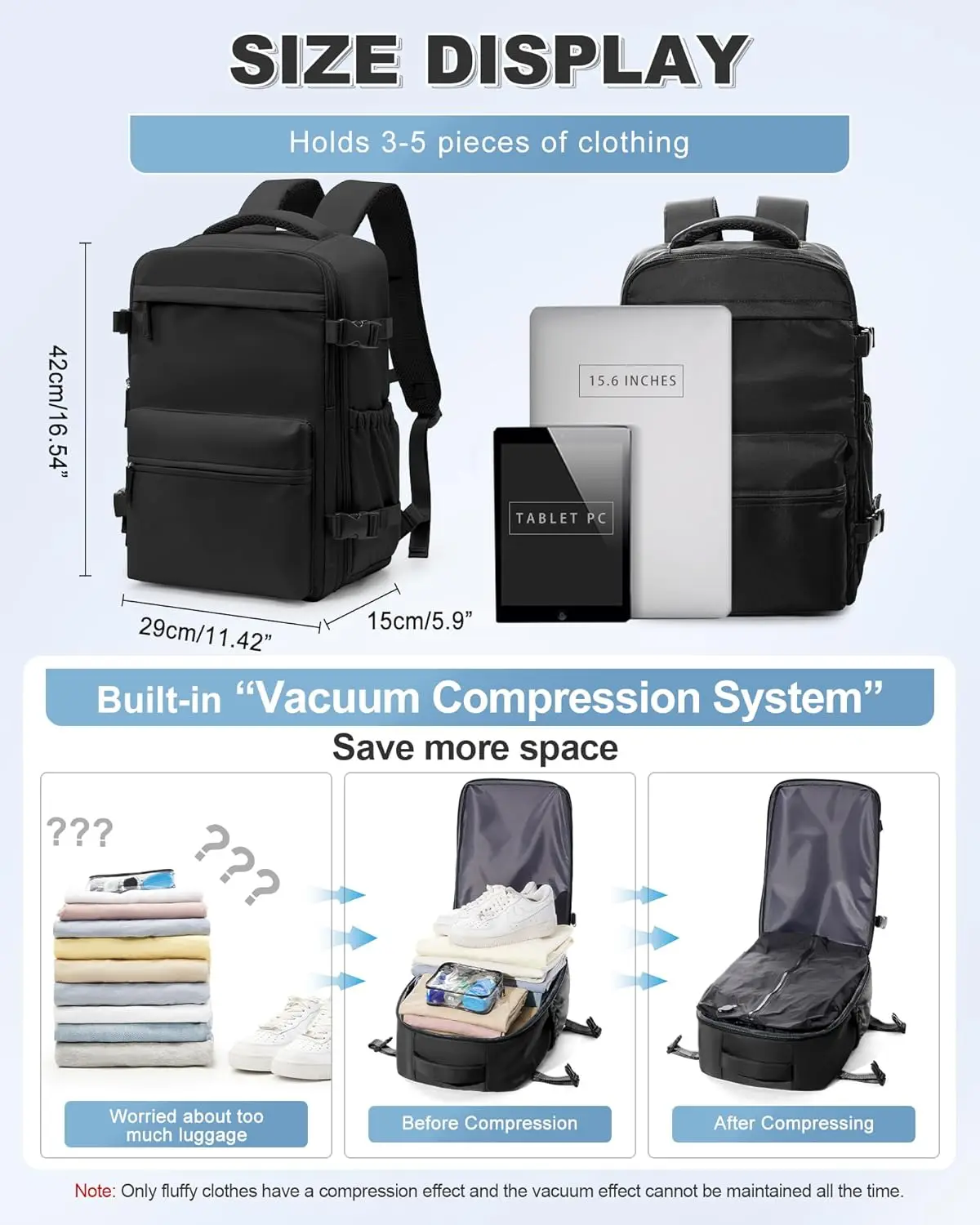 Men Vacuum Compression Backpack 15.6in Laptop Backpack Expand Hiking Vacuum Travel Backpack, Ryanair Backpack 40x20x25 Cabin Bag