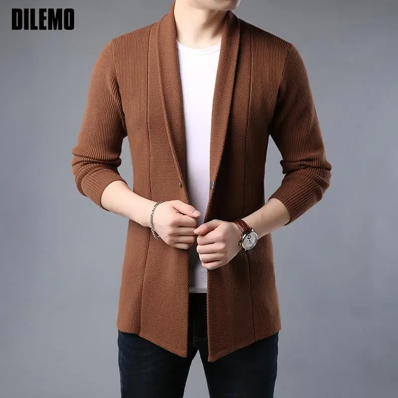 Top Grade New Brand Knit Fashion Cardigan Men Sweater Korean Woolen Casual Long Slim Fit Coats Japanese Jacket Men Clothes