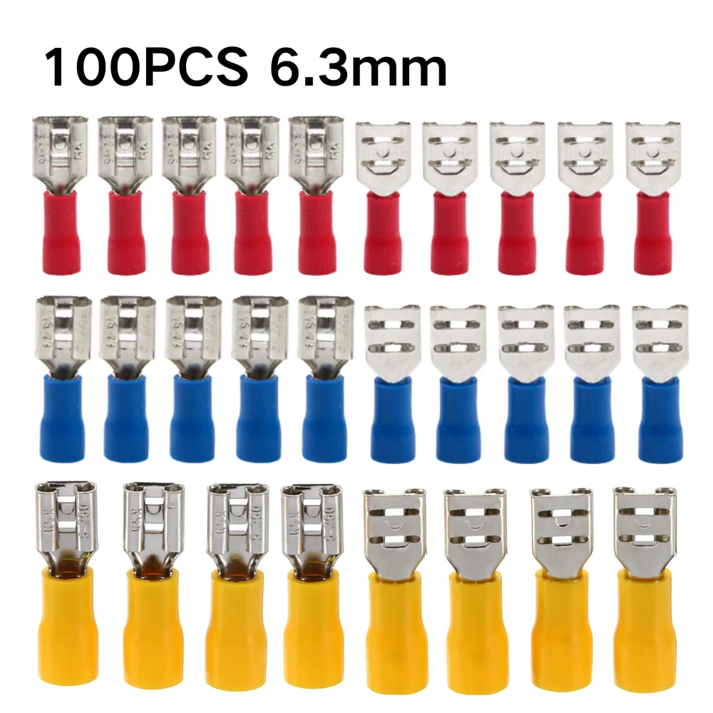 100PCS Male Female Insulated Crimp Spade Connectors Electrical Cable Wire Terminal Red Blue Yellow Assortment
