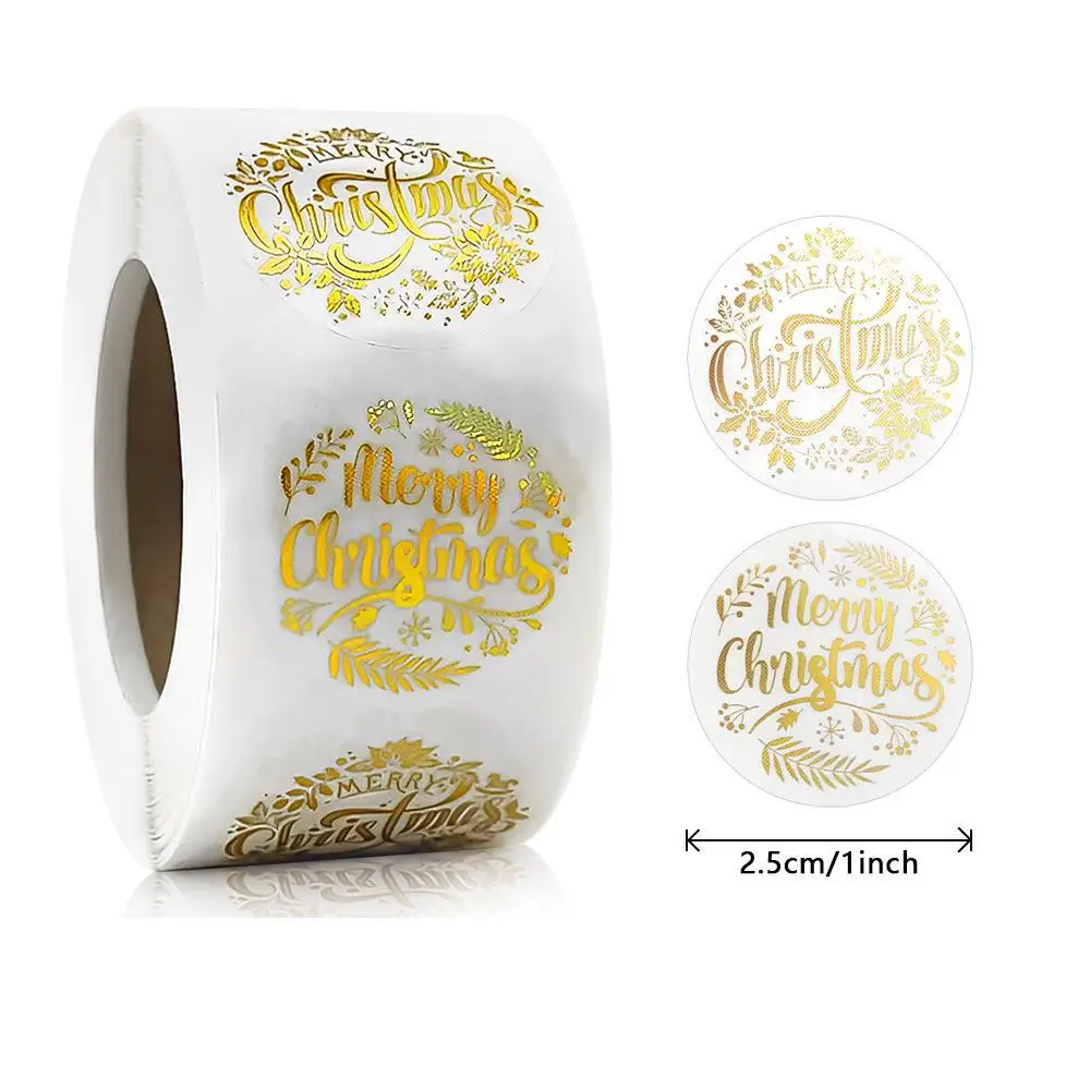 500pcs Clear Gold Foild Merry Christmas Stickers Round Holiday Stickers for Cards, Envelopes, Gift Boxes, Festive Party Favors