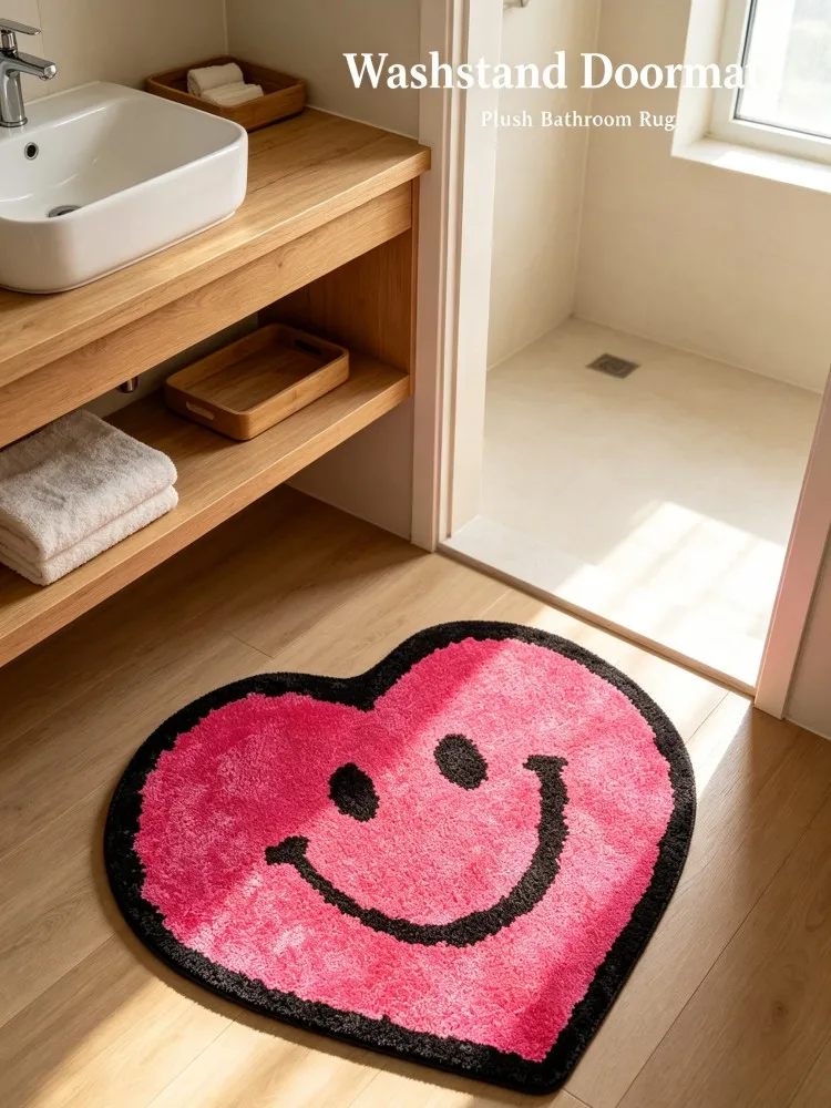 Heart‑Shaped Smile Face Bathroom Mat Soft Flocking Absorbent Bath Rug Hot Pink Non‑Slip Cute Floor Carpet For Shower Room Home D