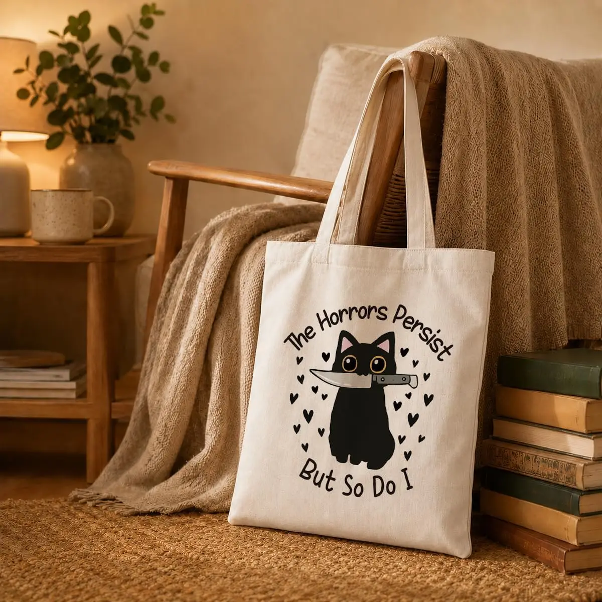 Sac cabas amusant avec motif de chat noir, sac de shopping en toile imprimé "Les horreurs persistent, mais moi aussi", sac à bandoulière pour amoureux des chats