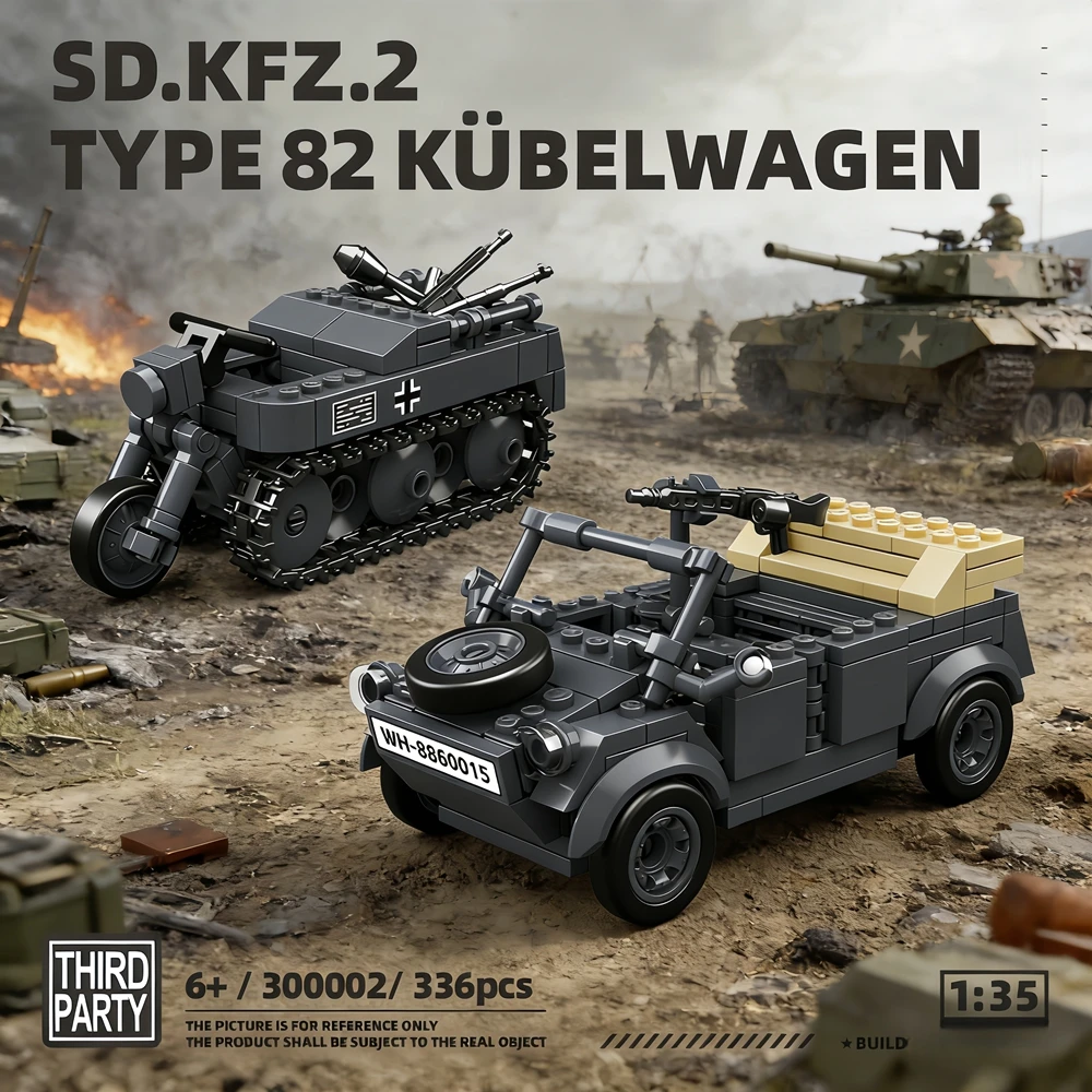 

336pcs Ww2 Military Soldiers Army Sd.Kfz.2 Half-track Motorcycle 82 Bucket Truck Building Blocks Bricks Model Assembly Toys