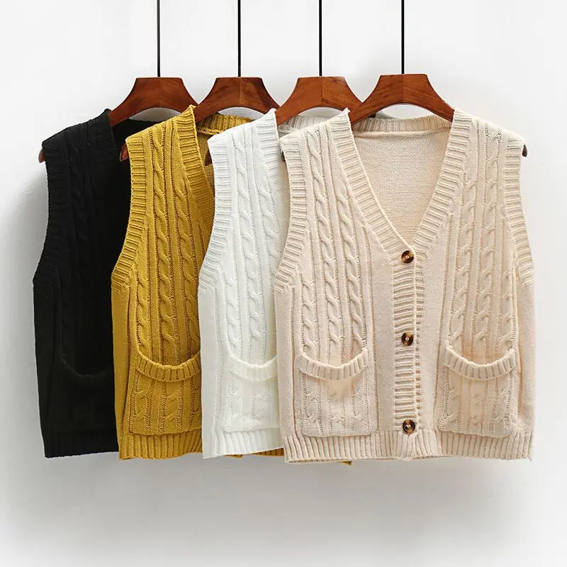 Vintage Twist Cardigan with Short Shoulders Sweater Vest Jacket Women\'s Spring and Autumn Sleeveless Vest Knitted V-neck Top