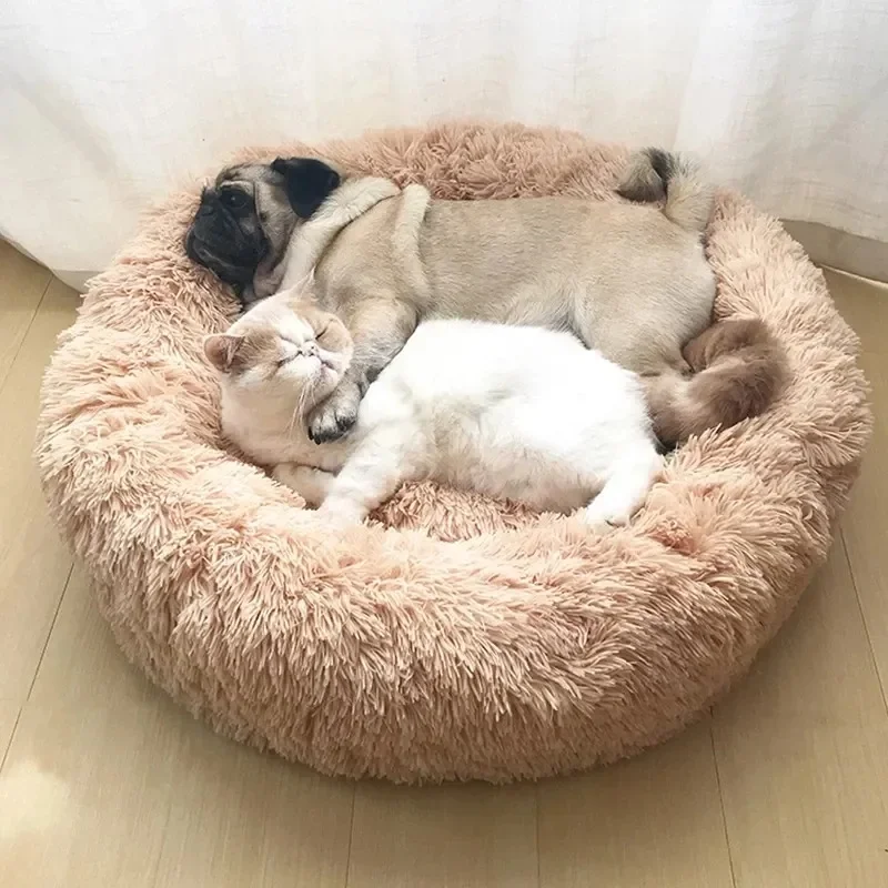 40-90cm Round Pet Bed for Cat Dog Winter Warm Long Plush Donut Sleeping Nest Puppy Kitten Comfortable Sofa Cushion Mat