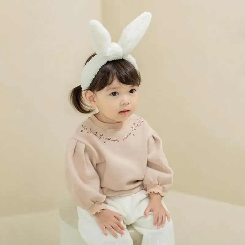 Girl Fashion Puff Sleeve Embroidery Sweatshirts Kids Autumn Winter New Girls Thickened Plush Comfortable Soft Pullover Tops