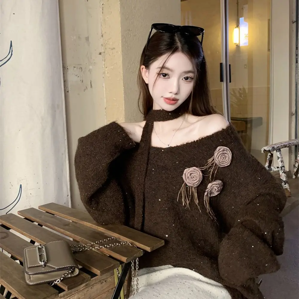 

Retro Brown V-Neck Long Sleeve Sweater Women'S Autumn Winter Three-Dimensional Flower Knitted Sweater Lazy Style Top