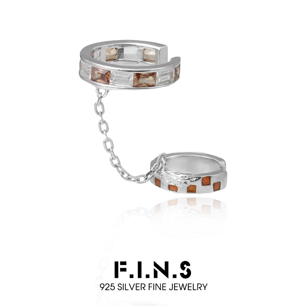 

F.I.N.S 1PC Checkerboard S925 Sterling Silver Double-Layer Clip Earrings for Women Vintage Zircon Drip Oil Earcuff Fine Jewelry