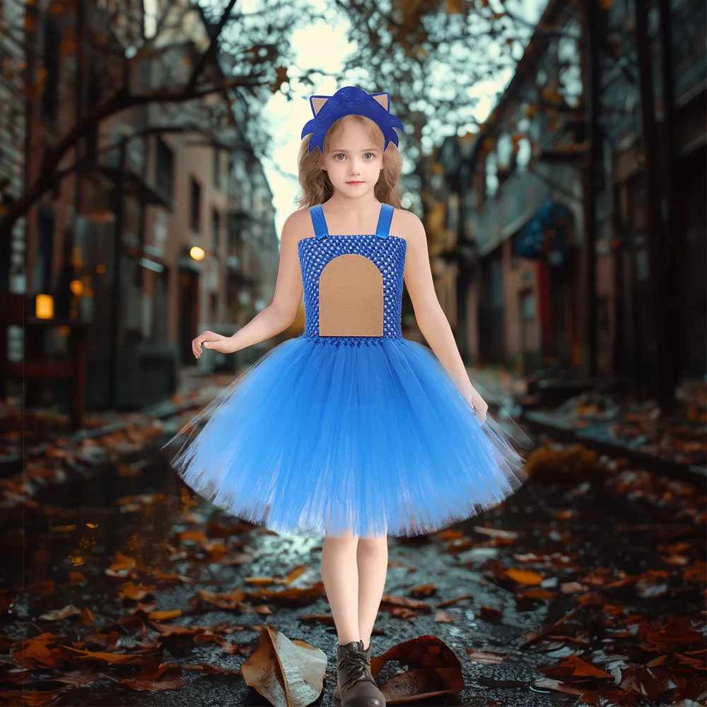 Halloween Blue Mesh Tutu Dress Set Girls Fluffy Tulle Frock With Decor Headband Voluminous Layer Skirt Soft Stage Tulle Outfit