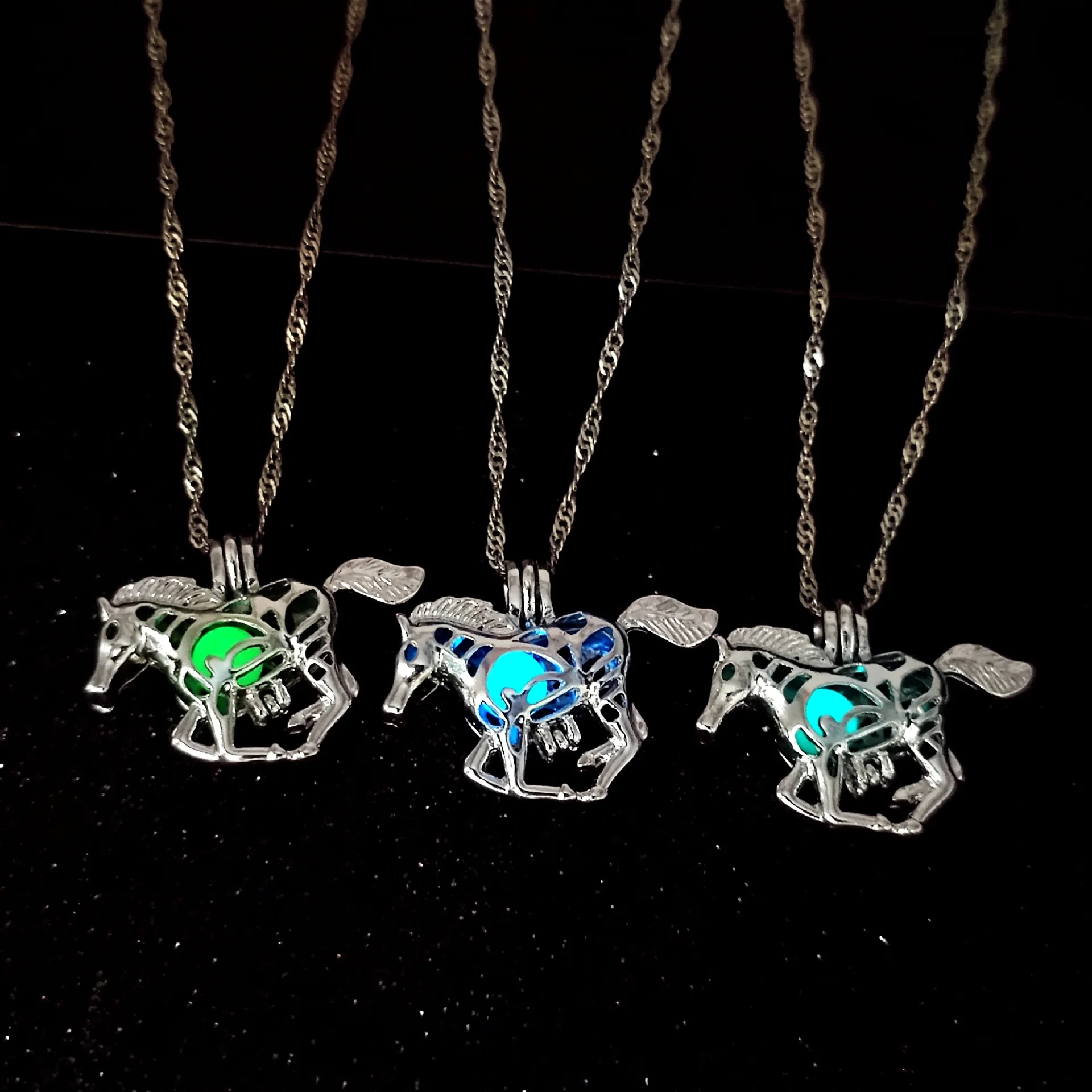 Smart Horse Galloping Hollowed DIY Locket Cage Glowing in the Dark Pendant Necklace for Men/Women