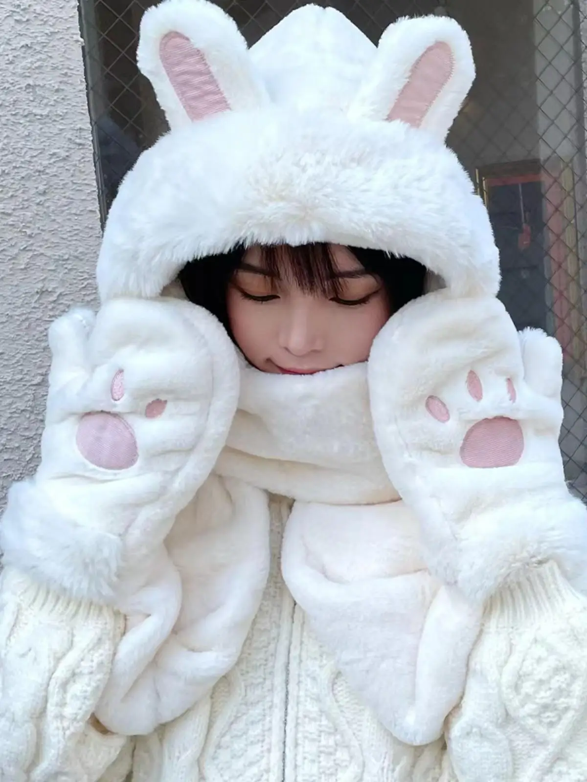 cute-rabbit-ear-hat-scarf-gloves-three-in-one-winter-combination-plush-women's-fashionable-accessories-all-in-one-kit