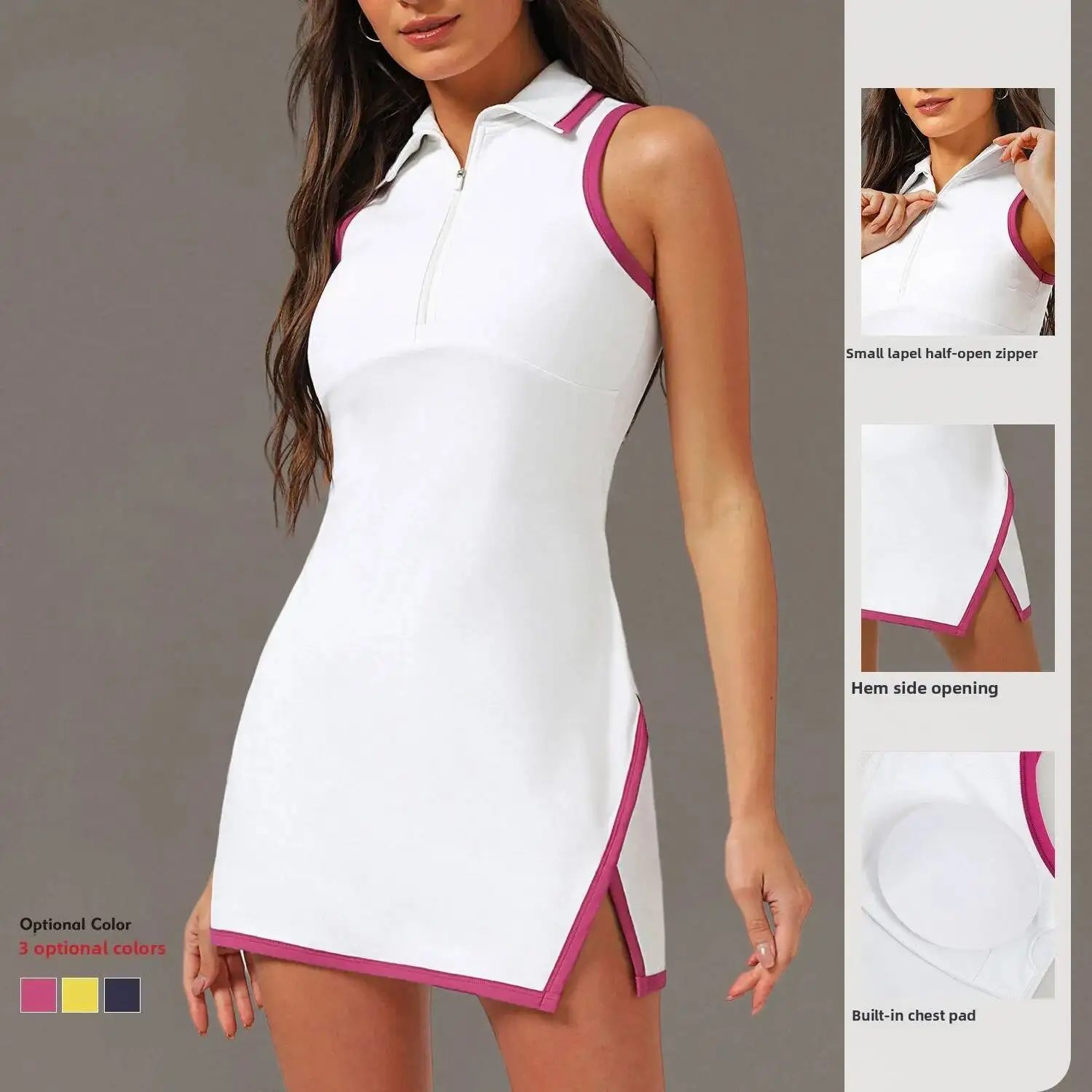 

Поло с половиной молнии, встроенный бюстгальтер, облегающий крой с гольфом, бадминтон, быстросохнущее спортивное платье, теннисный наряд для женщин