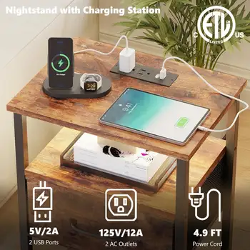 Juego de 2 mesitas de noche, mesa auxiliar con estación de carga, mesita de noche LED con cajón de tela para dormitorio, mesa auxiliar de 3 niveles con apertura 10 best sales Juego de 2 mesitas de noche - №9