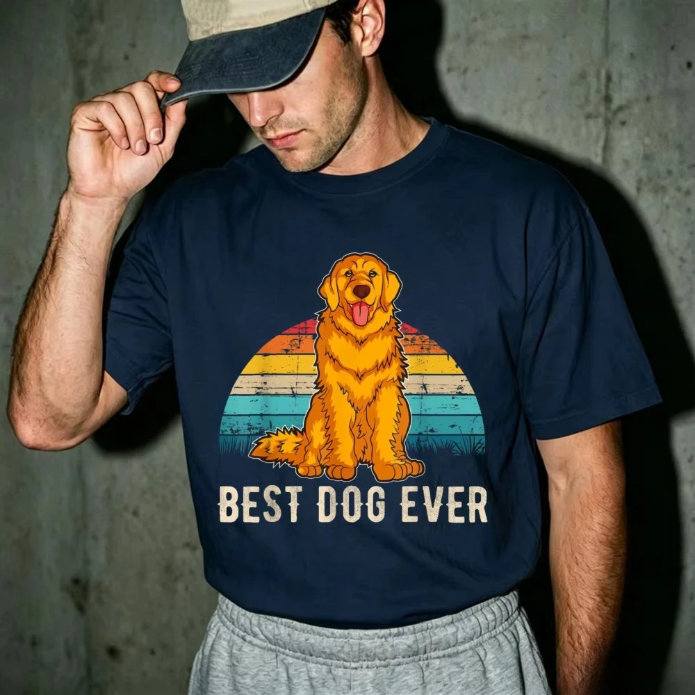 Rainbow Sunset Golden Retriever Graphic T Shirt Best Dog Ever Vintage Striped Sun Dog Portrait Print Dog Lover Shirts