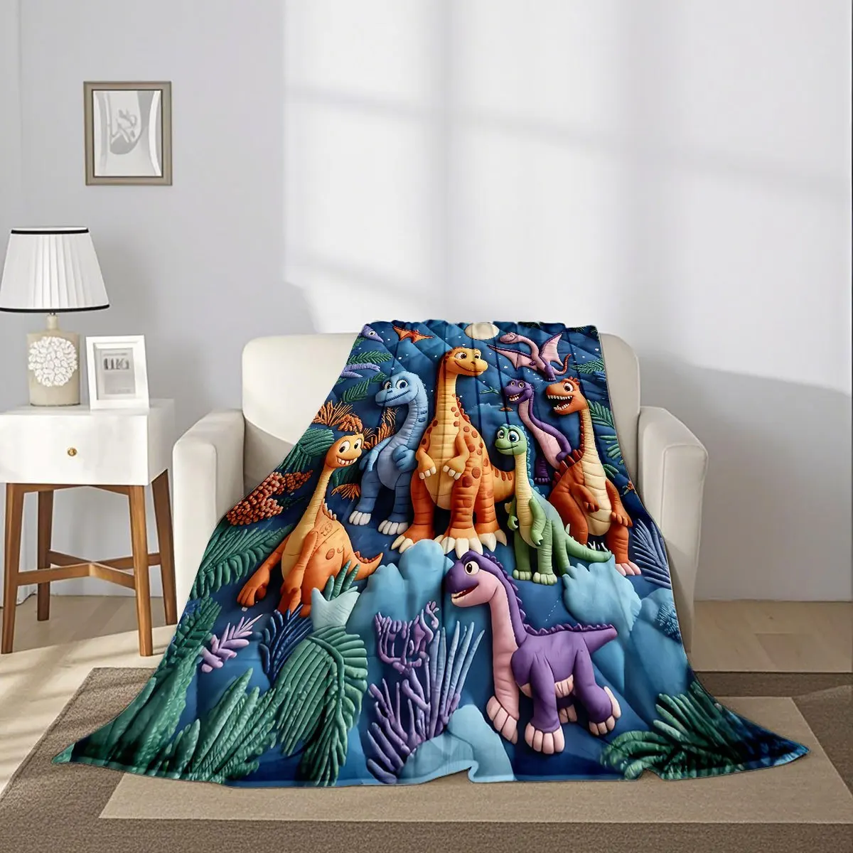 Deep Blue Base with Simulated Clay-style Cartoon Dinosaur and Plant Themed Flat Digital Print, Ultra-soft Flannel Throw Blanket,