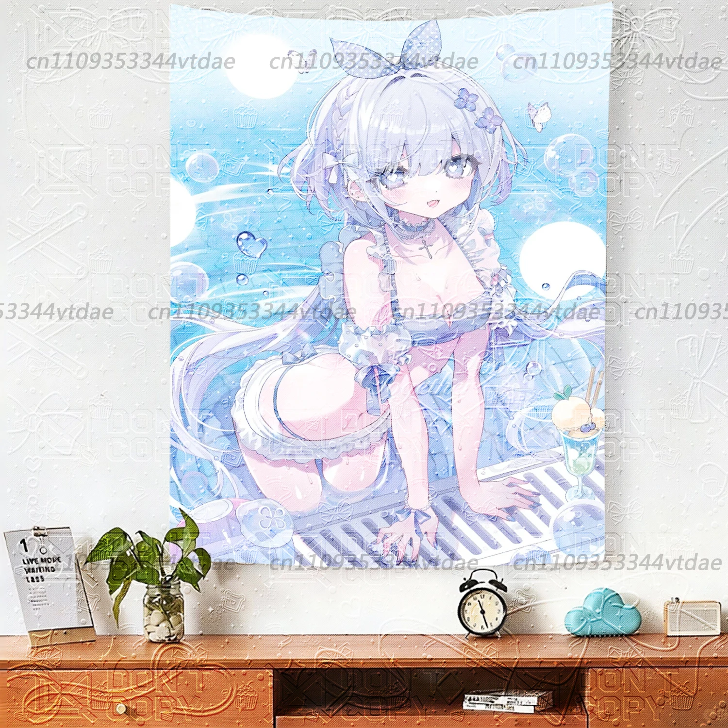 Kawaii Blue White Anime Girl Tapestry, Summer Pool Swimsuit Wall Hanging, Pastel Aesthetic Background Cloth for Bedroom Dorm