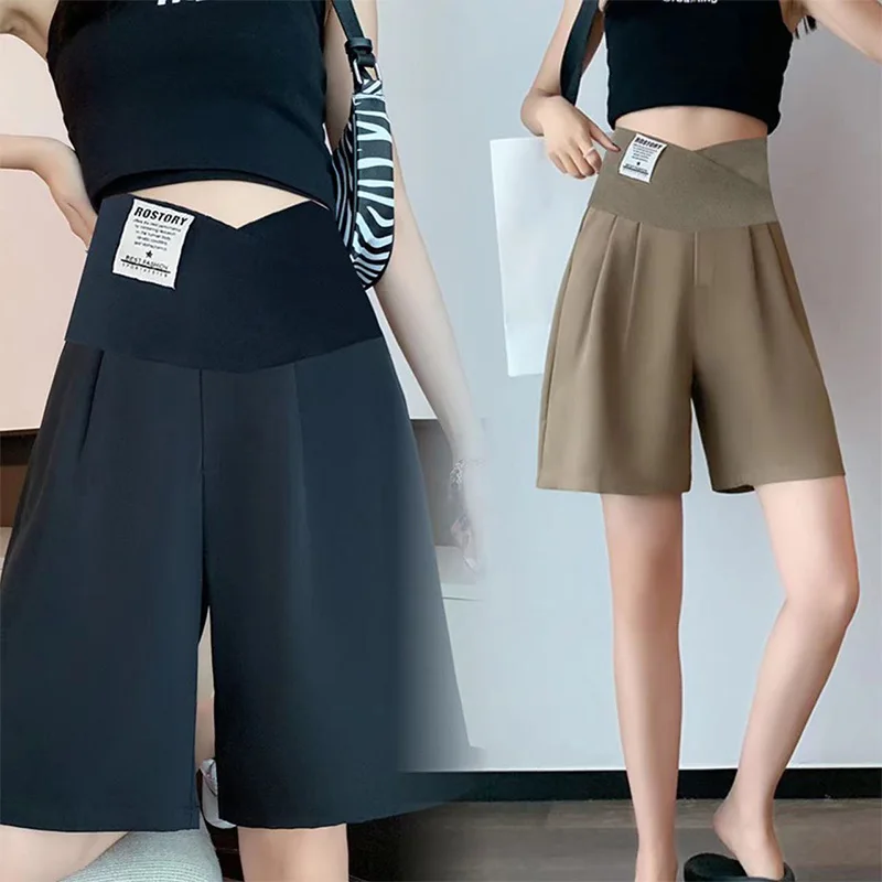 Maternity Summer Casual Cotton Maternity Shorts Wide Leg Belly Clothes Pregnant Women Adjustable Elastic Waist Belly Pregnancy