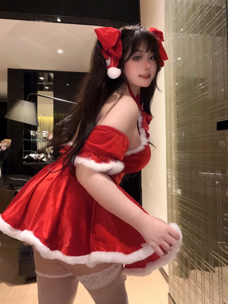 Plus Size Women Christmas Dress Plush Sexy Party Mini Dress Sweet Anime Cosplay Xmas Costume Kawaii Carnival Outfit Fancy Dress